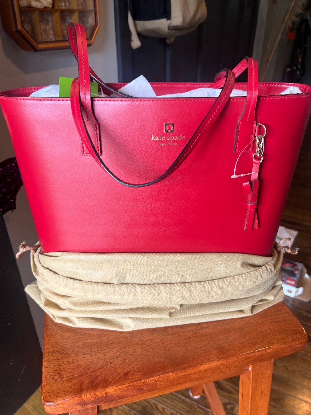 NWT Kate Spade Red Leather Tote Bag w/ Bow Charm & Dust Bag